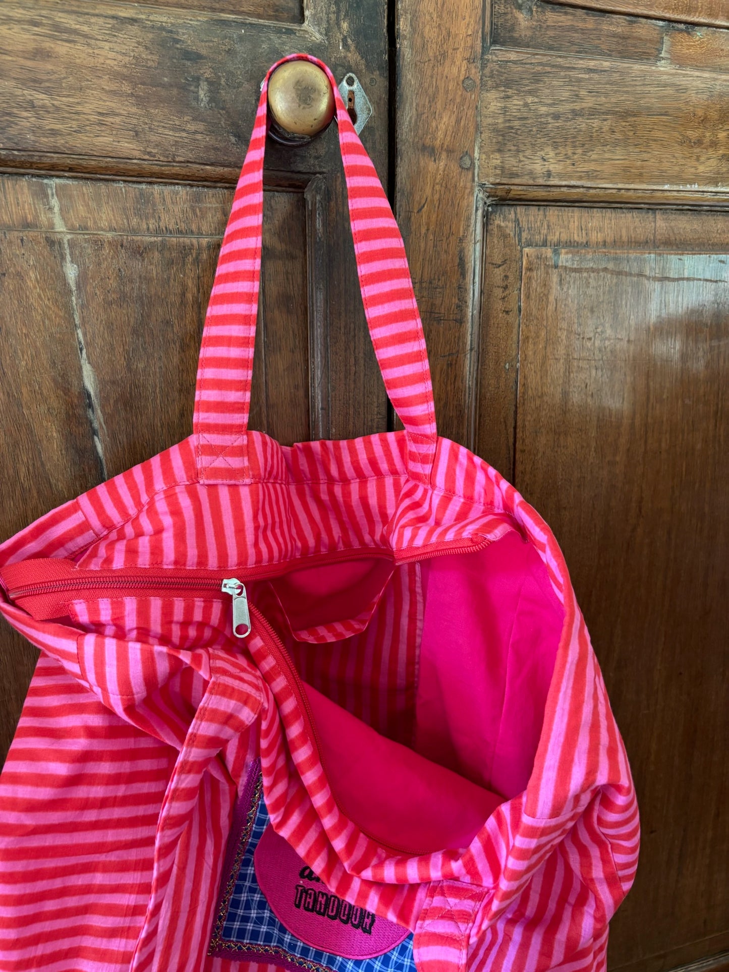 Sac Pondichéry -7- Rayé rouge et rose